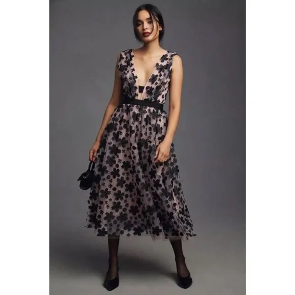 Anthropologie 3D floral applique midi